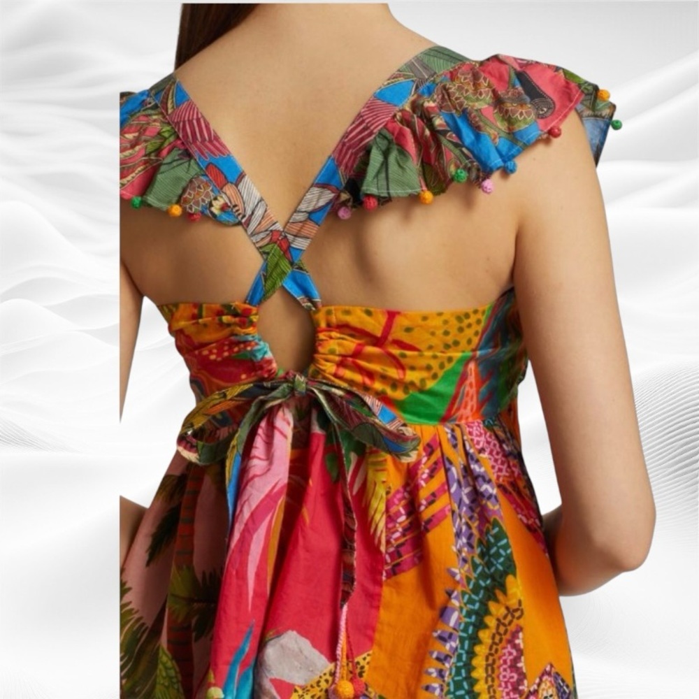 FARM RIO Mixed Prints Cotton Blouse Small Tassle Crop Beach‎ Hawaiian